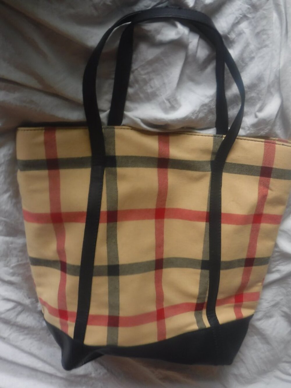 Joy & Iman Women's Tote Bag Tan Red Plaid Black Leather Cotton - Picture 2 of 11